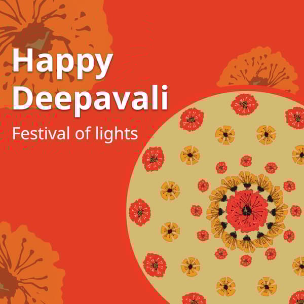Orange box with rangoli art in the corner, text on image reads 