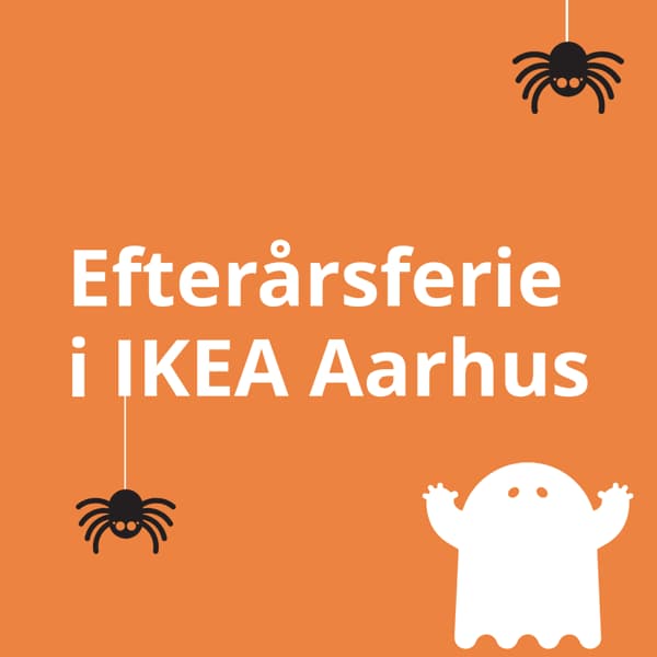 Orange grafisk billede med et spøgelse og to edderkopper. I hvid tekst står der: 