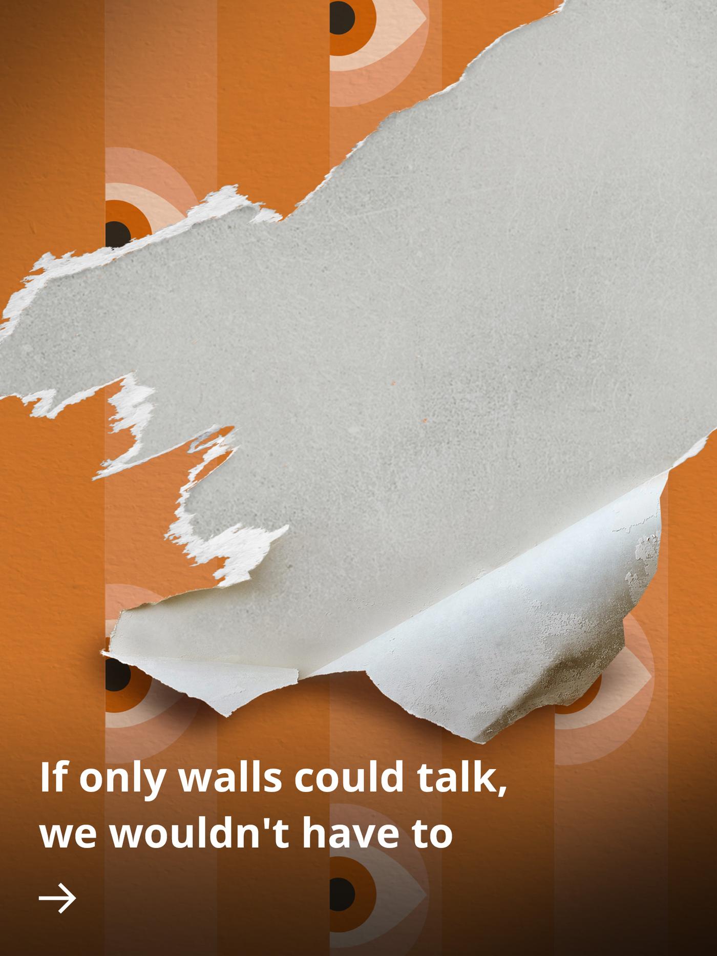 Orange striped wallpaper with subtle eye patterns and a torn section symbolising domestic violence and hidden tension.