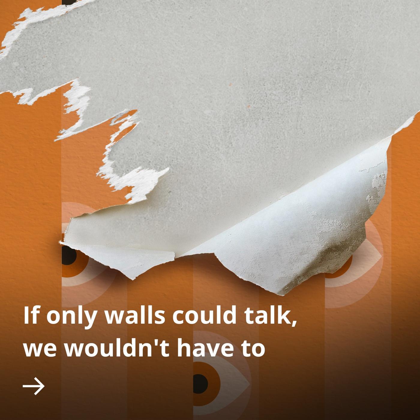 Orange striped wallpaper with subtle eye patterns and a torn section symbolising domestic violence and hidden tension.