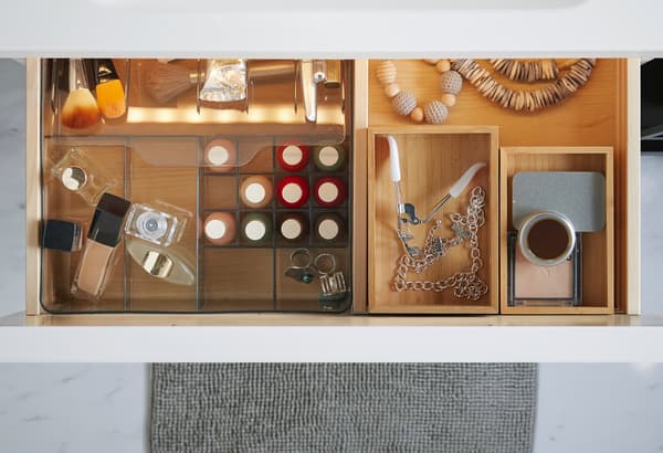 Organisers of drawers storing different items.
