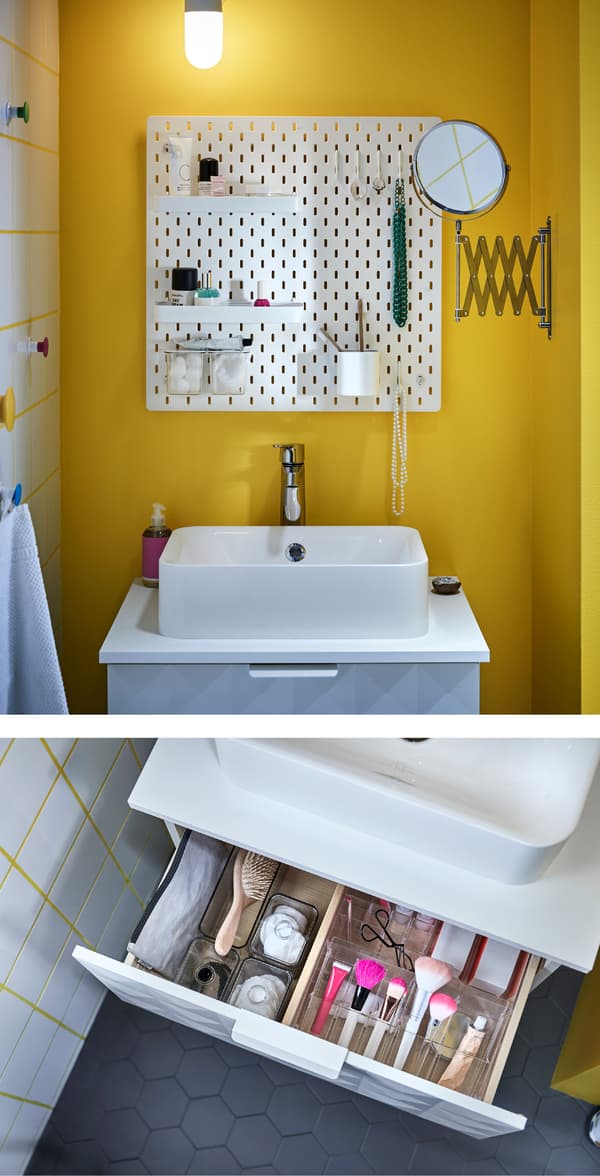 Organize and maximize space when sharing a bathroom! SKÅDIS pegboard helps to keep the sink area tidy (this couple have a shelf each and share a toothbrush mug). A mirror to the side can be pulled out and in (FRÄCK).