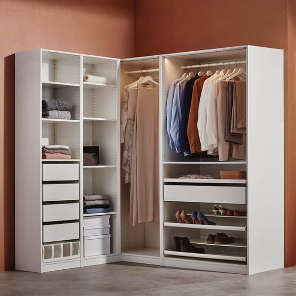 Organized IKEA PAX wardrobe with hanging clothes, drawers, shelves, and storage boxes – ideal for functional and stylish bedroom storage.

