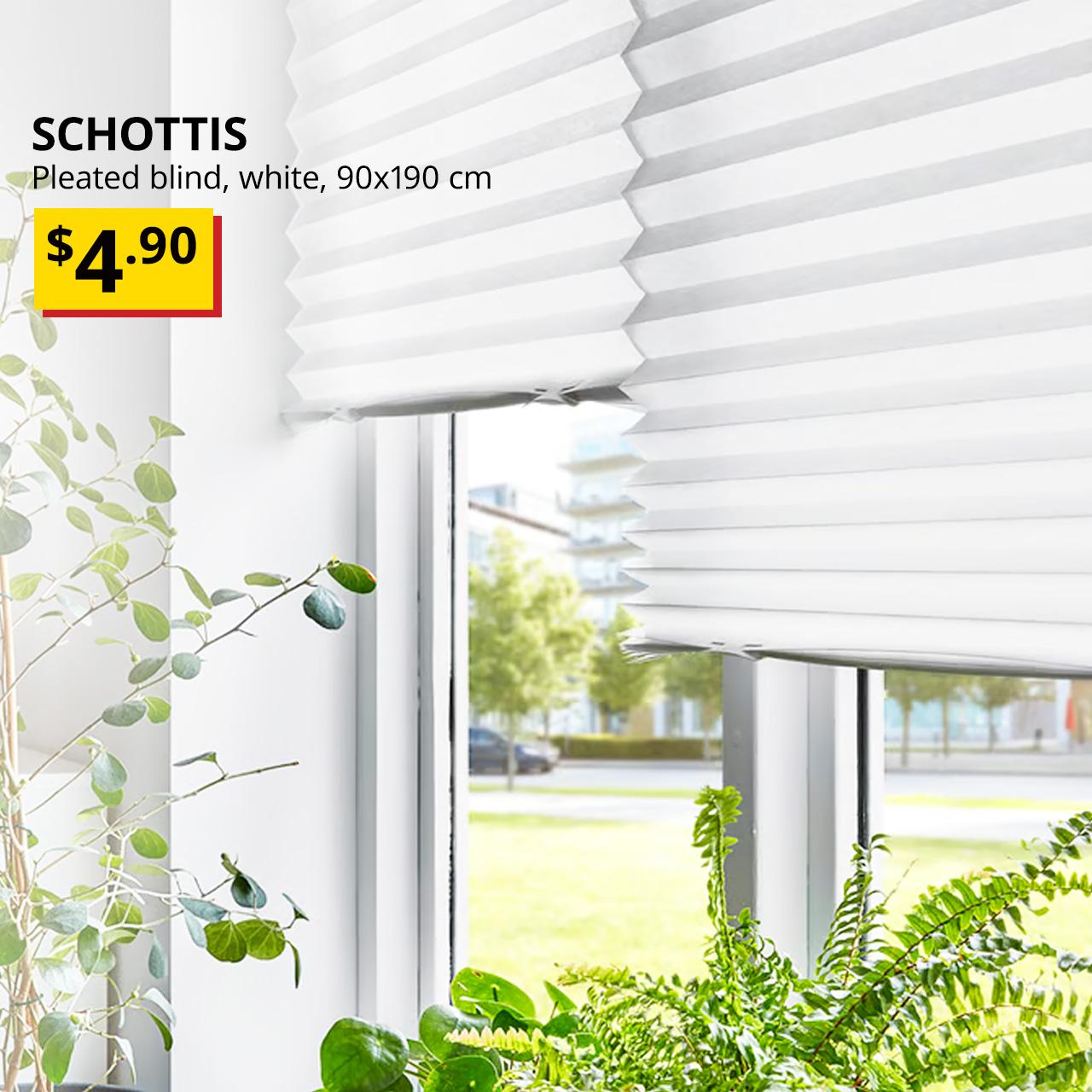 Our lowest price. SCHOTTIS pleated blind hung on the living room window, white, 90x190 cm, $4.90