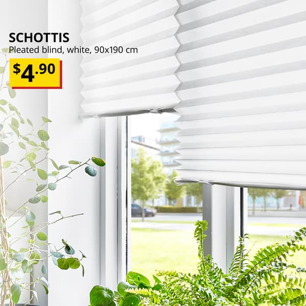 Our lowest price. SCHOTTIS pleated blind hung on the living room window, white, 90x190 cm, $4.90