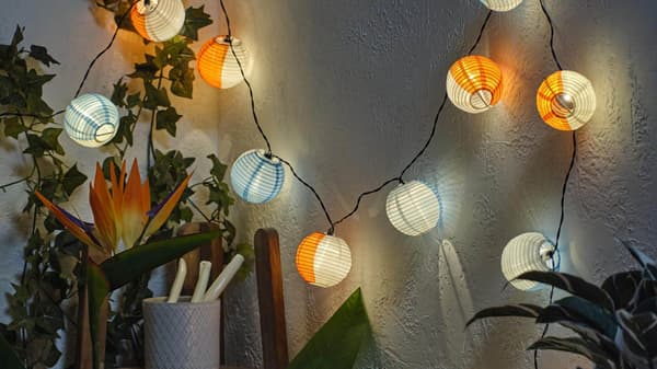 Outdoor string lights in different colors.