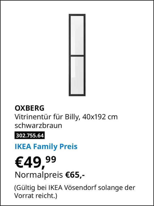 OXBERG Vitrinentür für BILLY, 40x192cm schwarzbraun statt € 65,- zum IKEA Family Preis von € 49,99
