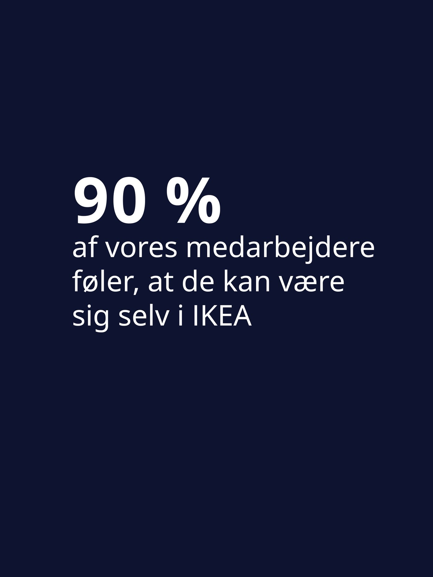 På en mørkeblå baggrund står med hvid skrift 90 procent af vores medarbejdere føler at de kan være sig selv i IKEA.