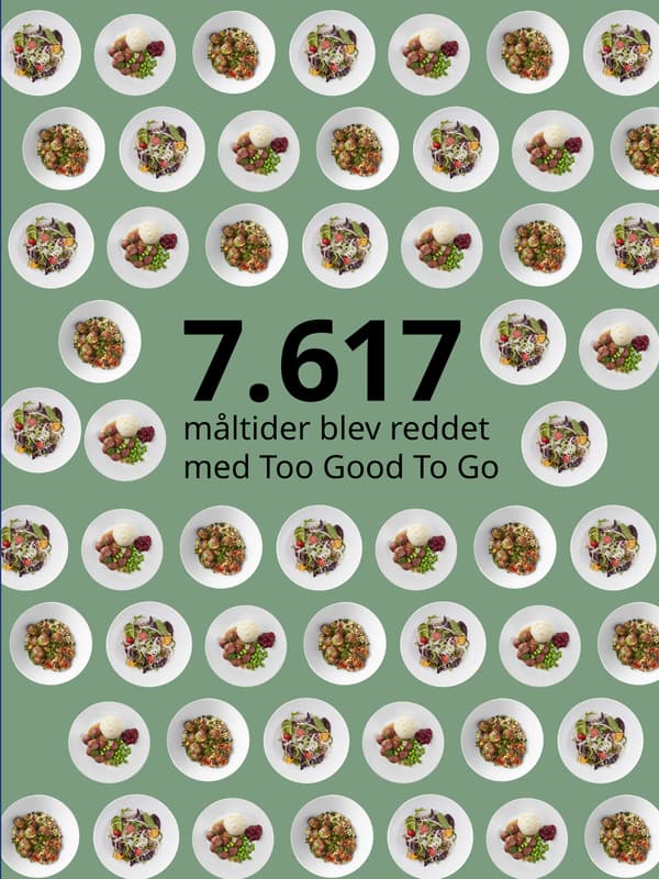 På en turkis baggrund ses en masse hvide tallerkener med retter fra Svensk Restaurant og i midten står med sort tekst 7617 måltider blev reddet med Too Good To Go.