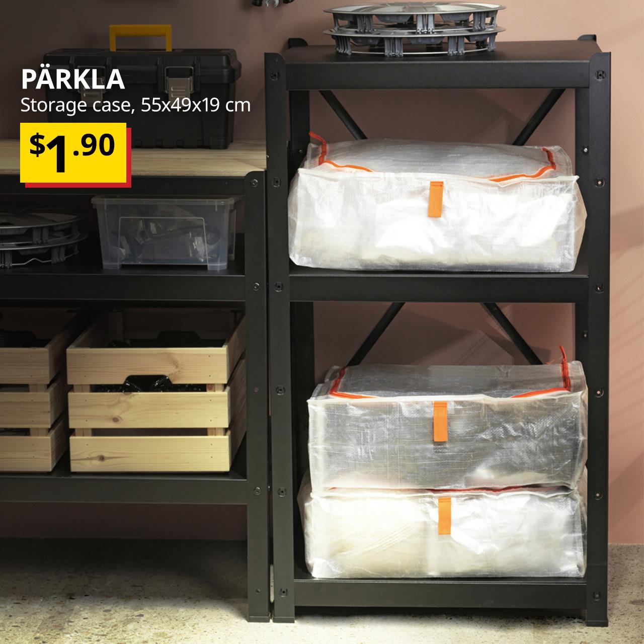 PÄRKLA storage case is being used to store items and placed on a BROR shelving unit. White text overlay image that reads "PÄRKLA, Storage case, 55x49x19 cm. Breath-taking price of $1.90"