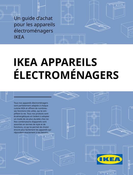 Page de couverture avec fond bleu, dessins d'appareils blancs, zone centrale blanche et logo IKEA en bas à droite.