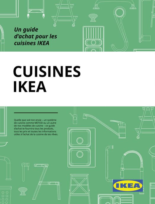 Page de couverture avec fond vert, dessins de cuisine en blanc, zone centrale blanche et logo IKEA en bas à droite.