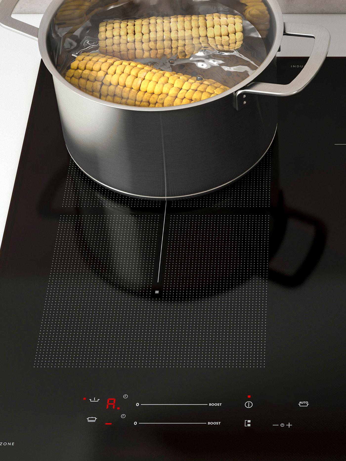 Panela de aço inoxidável a ferver duas espigas de milho numa placa de indução, mostrando a função de cozimento automático.
