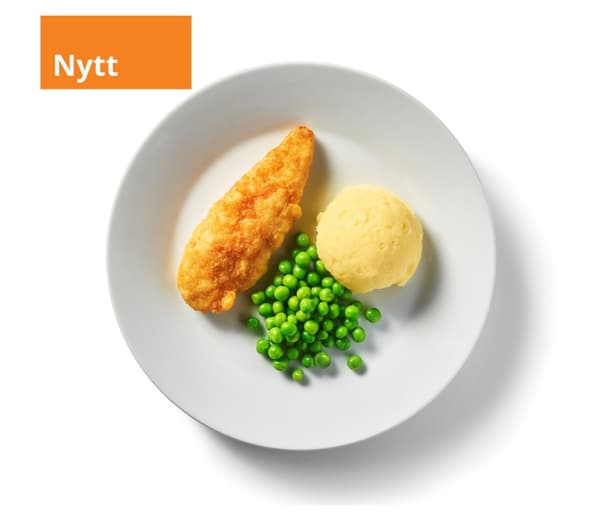 Panerad kyckling på en tallrik.