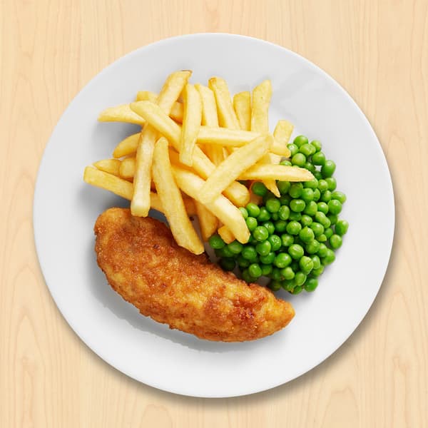 Paneret kylling  med steak fries og ærter  18.-