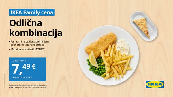 Paniran file osliča s pomfrijem, grahom in tatarsko omako ter mandljeva torta