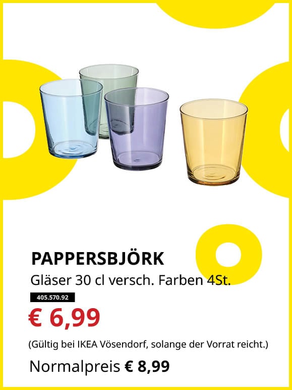 PAPPERSBJÖRK Gläser 30cl verschiedenen Farben 4 Stück statt € 8,99 zum Knut Preis von € 6,99