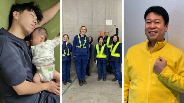 Parent holding a baby at home, warehouse team in safety vests, and coworker in a yellow IKEA jacket showing diverse life at home and work