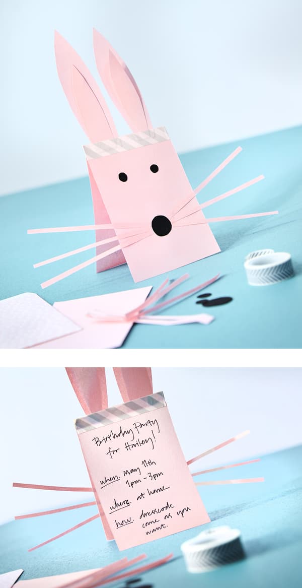 Party information is handwritten on the back of an invitation shaped like a bunny.