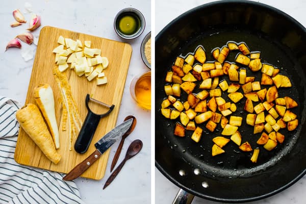 Pastinake wird geschnitten und anschließend in einer Pfanne gebraten.