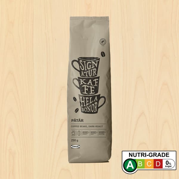 PÅTÅR Coffee beans dark roast, 250g; nutri-grade  (0% sugar) certification at borrom right corner of thumbnail