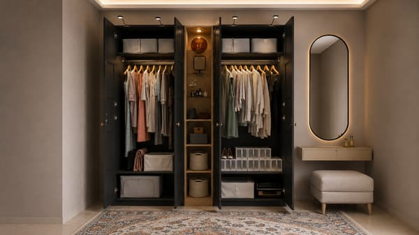 PAX / BERGSBO Wardrobe combination, dark grey dark grey/oak effect, 235x60x236 cm - s69607402