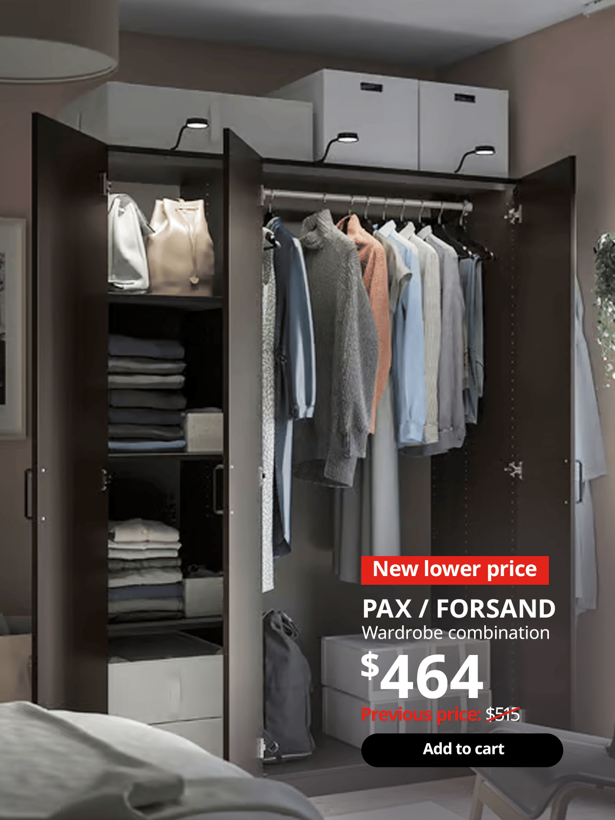 PAX dark grey wardrobe combination with hinged FORSAND doors in the bedroom, showing clothes neatly folded on the left and hanged on the right. 