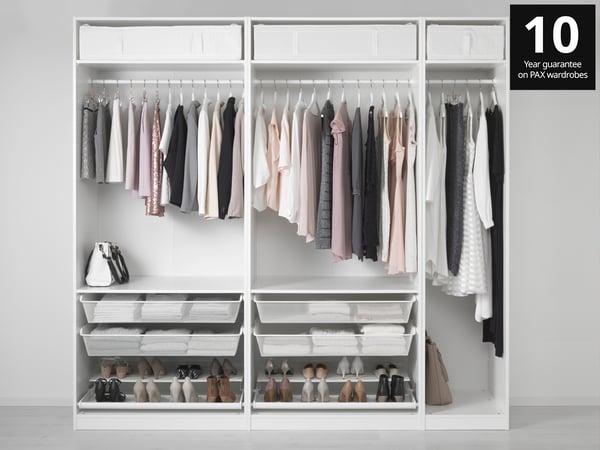 PAX frames against a background with different combinations inside. Black box at top right hand corner reads 10 year guarantee on PAX wardrobes