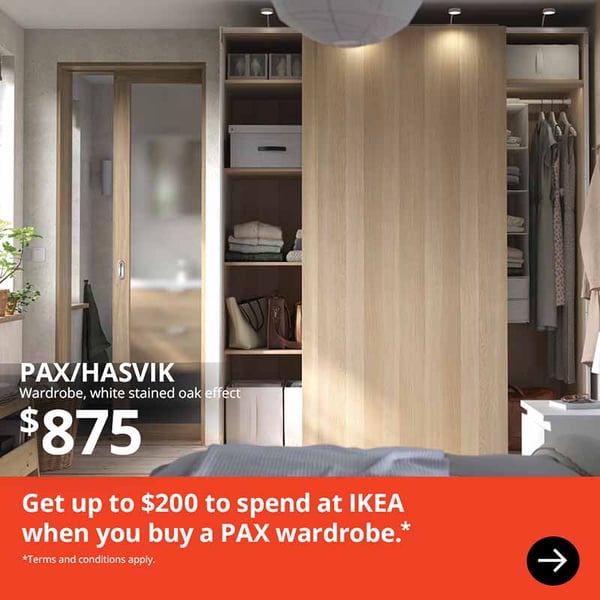 PAX/HASVIK Wardrobe, white stained oak effect/white stained oak effect, 200×66×236 cm. Price $875. Get up to $200 to spend at IKEA when you buy a PAX wardrobe.