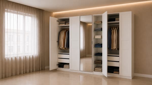 PAX / KAMMARTORP/TYSSEDAL Wardrobe combination, white mirror glass/grey white, 285x60x236 cm - s89607444