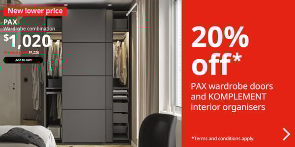 PAX / MEHAMN wardrobe combination, dark grey/double sided dark grey, 150x66x236 cm
Price: $1,020. Previous price: $1,230. 
White text on red background reads: 20% off* PAX wardrobe doors and KOMPLEMENT interior organisers.