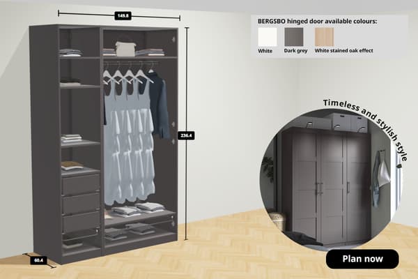 PAX planner showing a PAX wardrobe with BERGSBO hinged doors. text on image reads Timeless and stylish style, Plan now. 