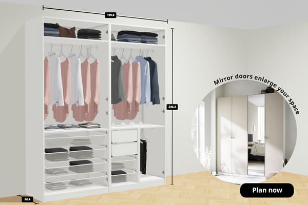PAX planner showing a PAX wardrobe with FARDAL and AHEIM mirrored hinged doors. text on image reads Mirror doors enlarge your space, Plan now. 