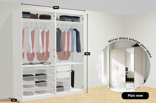 PAX planner showing a PAX wardrobe with GRIMO and AHEIM mirrored hinged doors. text on image reads Mirror doors enlarge your space, Plan now. 