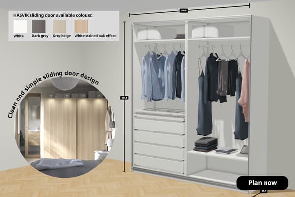PAX planner showing a PAX wardrobe with HASVIK sliding doors. text on image reads Clean and simple sliding door design, Plan now. 