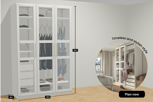 PAX planner showing a PAX wardrobe with  TYSSEDAL hinged doors. text on image reads timeless and stylish style, Plan now. 
