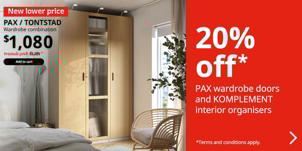 PAX / TONSTAD wardrobe combination, grey-beige/oak veneer glass, 150x66x236 cm
Price: $1,080. Previous price: $1,285. 
White text on red background reads: 20% off* PAX wardrobe doors and KOMPLEMENT interior organisers.