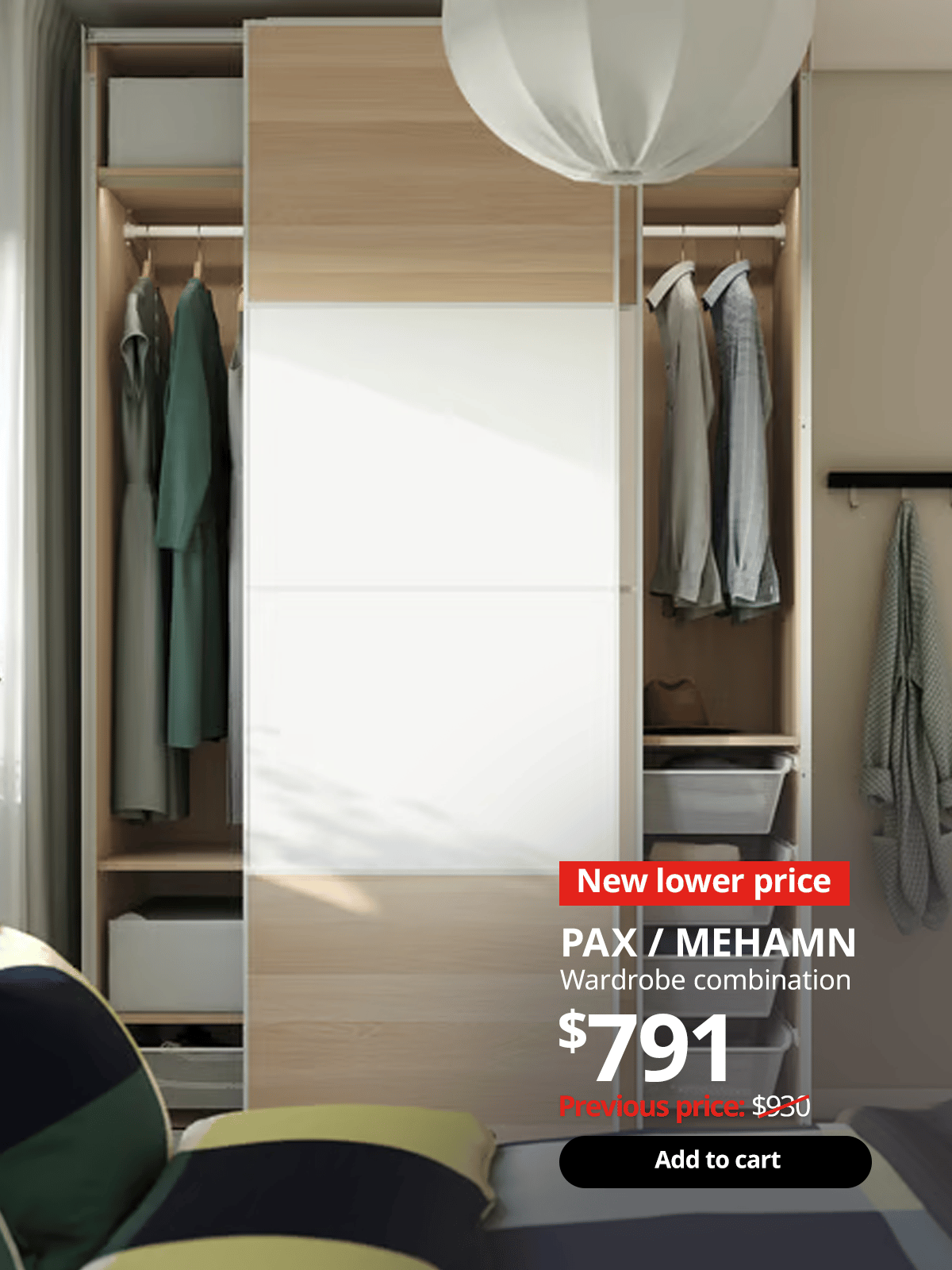 PAX wardrobe in bedroom with MEHAMN sliding doors. 