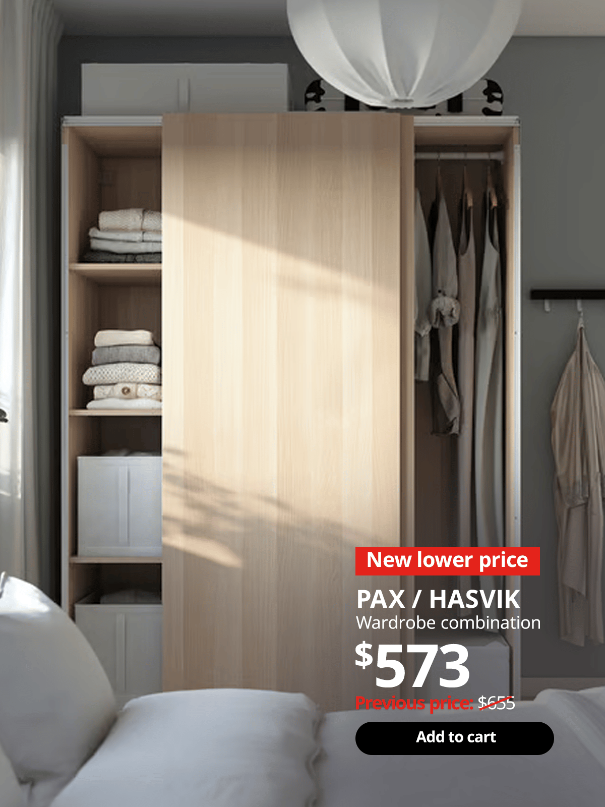 PAX wardrobe with HASVIK sliding doors in the bedroom, showing neatly organised clothes in stacks and hung up. 