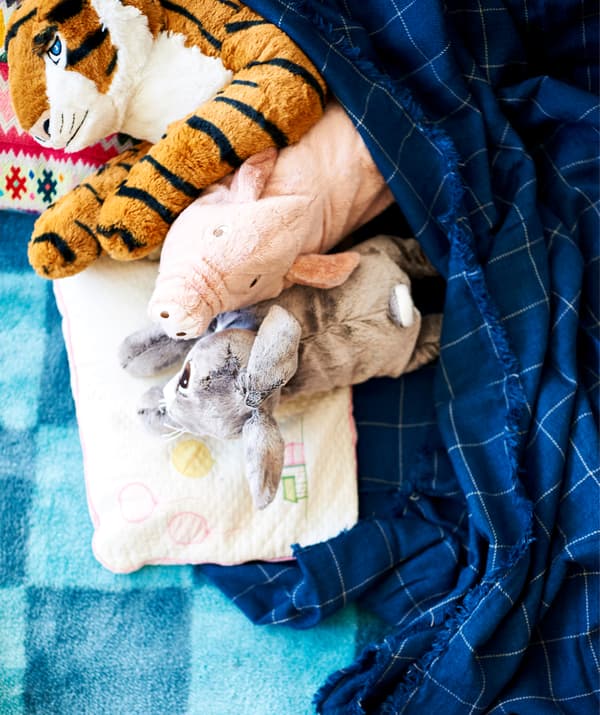 Peluche sotto un plaid blu su un tappeto blu - IKEA