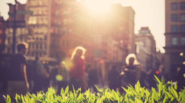 people walking in a city on a sunny day