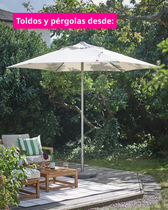 Pérgola blanca en una terraza con llamado de desde un precio.
