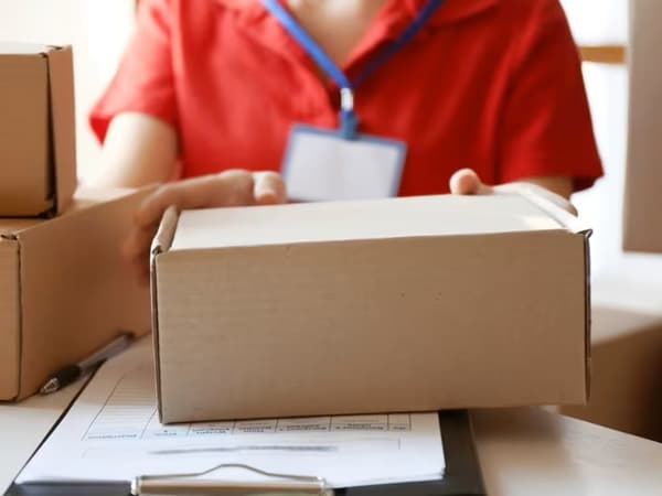 Persoană în roșu cu ecuson albastru ține o cutie de carton pe un birou; pe birou sunt un clipboard cu documente și un pix, iar în jur se află alte cutii de carton.