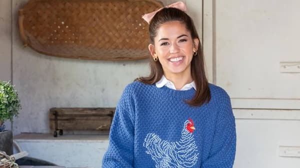 Person in blue sweater with chicken design sits holding a wire basket in a rustic kitchen.