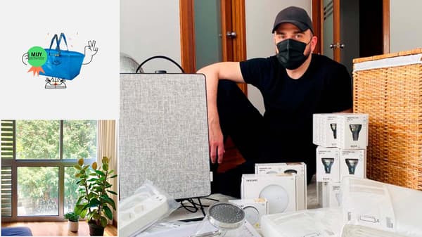 Persona amb gorra i mascareta negra asseguda al costat d’un lot de productes sostenibles d’IKEA, com bombetes LED, regletes i altaveus. A l’esquerra, una planta vora una finestra i una il·lustració d’una bossa IKEA amb un distintiu verd.