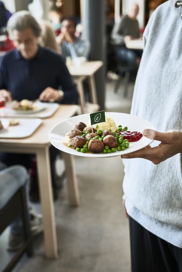 Personne ce tenant debout avec une assiette garnis 