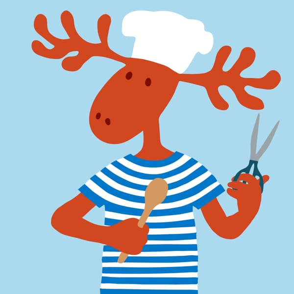 Peták, a rénszarvas, ollóval és fakanállal.