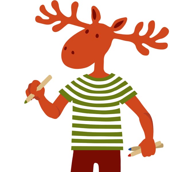 Peták jávorszarvas, kezében MÅLA színes ceruzák.