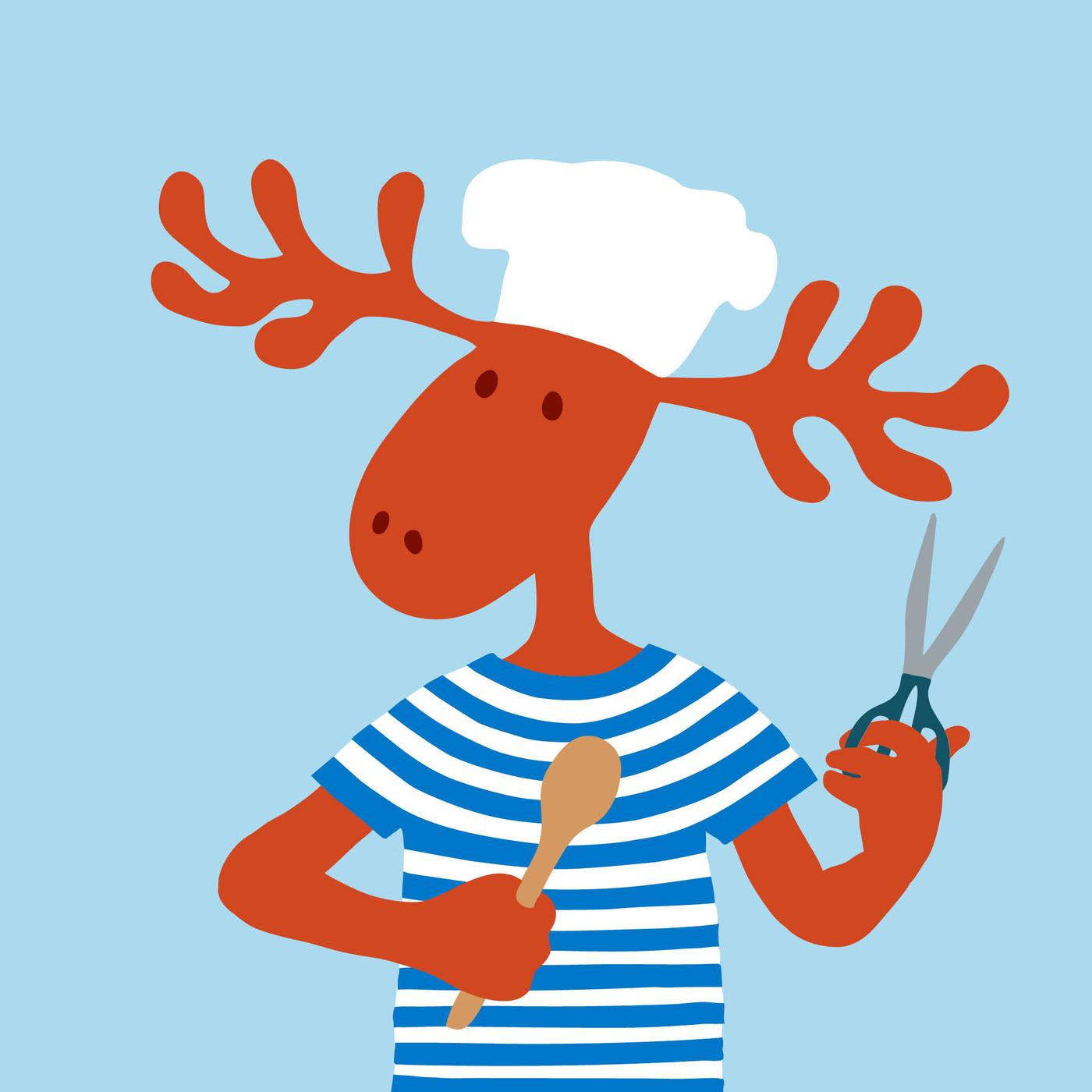 Peták ollót és fakanalat tart a kezében.