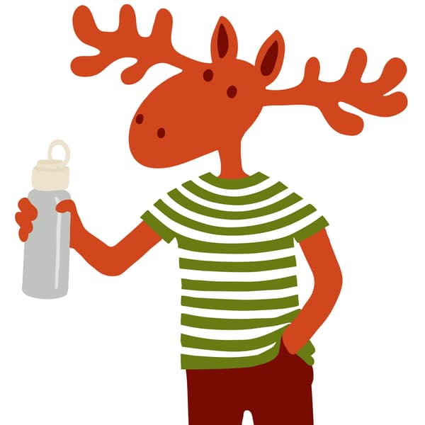 Peták rénszarvast látjuk, kezében kulaccsal.